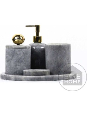 PremiumPort Gri Mermer Banyo Seti 5'li, Gold Disko Tasarım, Şık ve Modern Banyo Dekoru