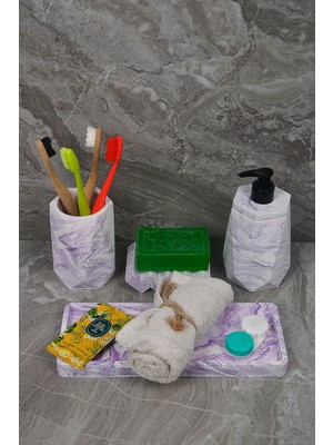 PremiumPort Mor Mermer Desenli 4 Parça Banyo Seti, Diş Fırçalığı ve Sabunluk