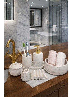 PremiumPort Mermer Desenli 7 Parça Banyo Takımı ve Aksesuarlar Seti
