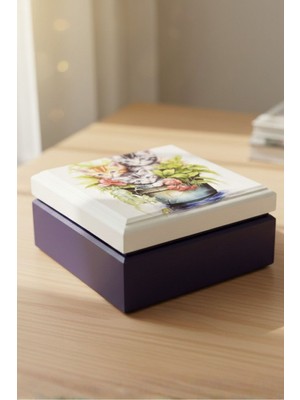 Özgürce El Yapımı Nostaljik Retro Kedi Baskılı Kare Ahşap Dekor ve Saklama Ürünü