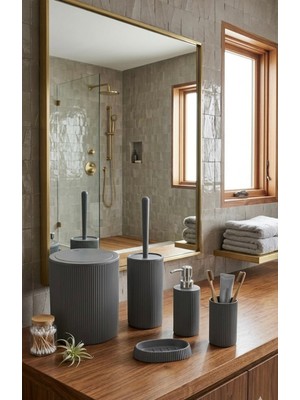 PremiumPort Banyo Parça Seti, Siyah Bambu Desen, Çöp Kovası, Fırçalık ve Sabunluk