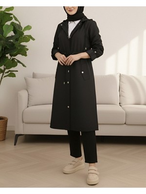 Moda Morfo Astarı Çizgili Trençkot    -Siyah