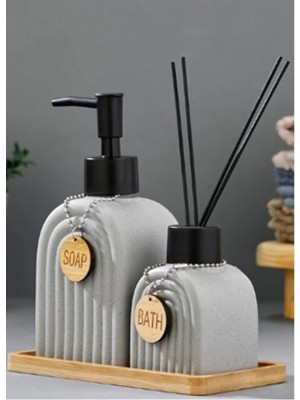 PremiumPort 320 ml Ikili Seramik Bambu Standlı Banyo Seti, Şık ve Pratik Tasarım