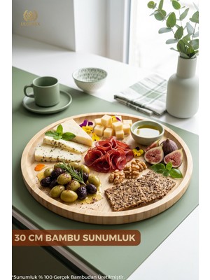 Özgürce 30 cm Yuvarlak Bambu Sunum Tabağı, Peynir ve Kahvaltı Tepsisi