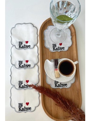 Özgürce 6'lı Nakışlı Kahve Yanı Peçete ve Bardak Altlığı Seti