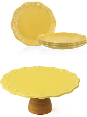 Özgürce Fiori 5 Parça Ahşap Ayaklı Kek ve Pasta Sunum Seti (30CM & 21CM)