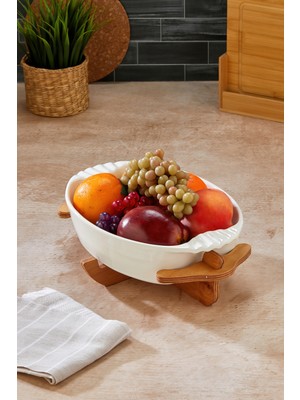 Özgürce Şık Ahşap Altlıklı Oval Servis ve Salata Tabağı, Fırın ve Sunum Için