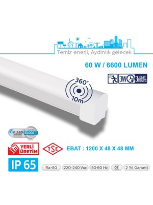 Teletek LED Etanj 60W Radar Hareket ve Acil Durum Kitli  - Otopark, Depo ve Garaj Tipi - Su Geçirmez Tavan Lambası