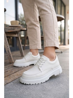 Mevese Sipayh Erkek Beyaz  Cilt Ayakkabı - Bağcıklı Günlük Spor Klasik Comfort Casual