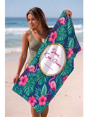 Valerine Life Isme Kişiye Özel Pembe Flamingolu Plaj Havuz Spa Sauna Spor Havlusu 70X140CM Pamuklu Yüksek Emicilik