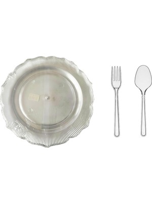 Omeyva 23 Cm. Plastik Sert Mika Şeffaf Sorfa Piknik Seti - 12 Kişilik Tabak Çatal Kaşık Takımı