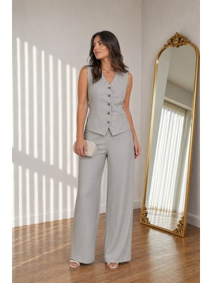 Lubiti Düğmeli Arka Kuşaklı Yelek/bol Paça Pantolon Keten Takım
