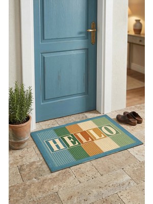 Valerine Life Hello Retro Tipografi Dijital Baskılı Işyeri Ev Ofis Kapı Önü Dış Paspası 45X70CM