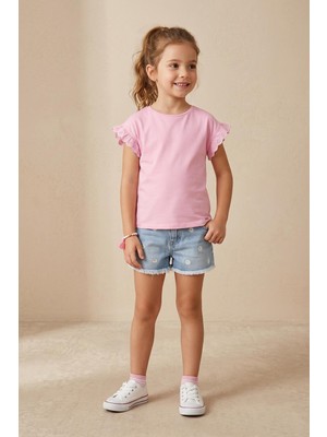 Mutlu Kids Fırfır Kol Detaylı Kısa Kol Regular Kız Çocuk Tişört