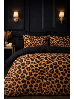 More Home Tek Kişilik Yorgan Kılıfı + Yastık Kılıfı Çarşafsız Dijital Baskılı 3D 3 Boyutlu Leopar Desenli Siyah