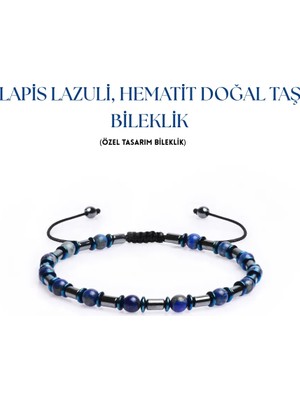 Sırlı Taş Lapis Lazuli, Hematit Doğal Taş Bileklik, Unisex Bileklik, Tasarım Bileklik Ipli Ayarlanabilir