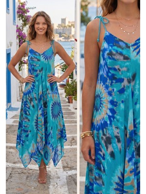 Şerice Kadın Turkuaz Batik Desenli Omuzdan Bağlamalı Asimetrik Kesim Elbise