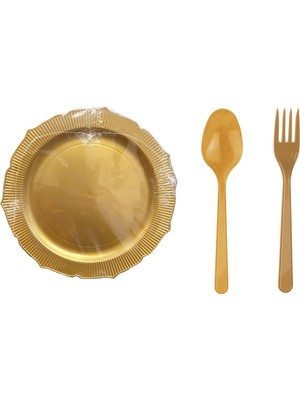 Omeyva Nişan Kına Piknik Altın Sorfa Seti - Sert Mika Plastik - 6 Kişilik Tabak Çatal Kaşık Takımı