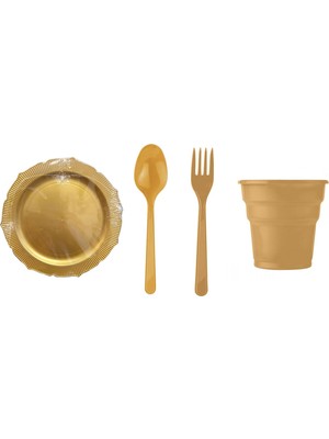 Omeyva Dayanıklı Mika Plastik Altın Sorfa Piknik Seti - 6 Kişilik Tabak Bardak Çatal Kaşık Takımı
