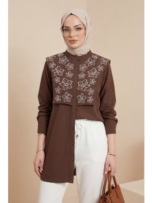Moda Morfo Plastron Detaylı Nakışlı Poplin Gömlek -Kahve
