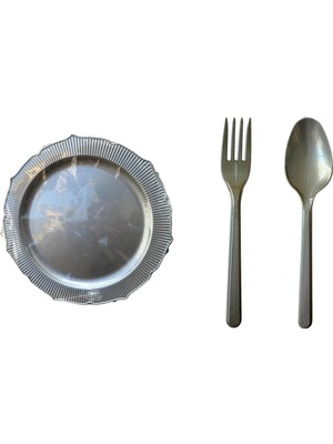 Omeyva Nişan Kına Piknik Gümüş Sorfa Seti - Sert Mika Plastik - 12 Kişilik Tabak Çatal Kaşık Takımı