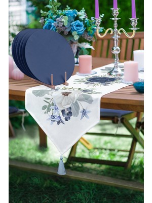 Handanca Pastel Mavi Beyaz Gül Desenli Üçgen Püsküllü Runner 1 Adet 6 Adet Mavi Renkli Supla