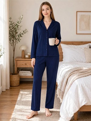 Espuar Yumuşak Dokulu Kumaş Gömlek Yaka Önden Düğmeli Uzun Kol Kadın Pijama Takım 775