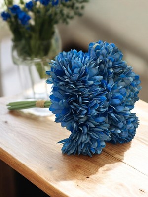 Handanca Yapay Çiçek Top Krizantem 7’li Kartopu Demeti 30 cm Saks Mavi