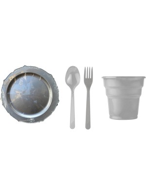 Omeyva 23 Cm. Plastik Mika Gümüş Sorfa Piknik Seti - 12 Kişilik Tabak Bardak Çatal Kaşık Takımı