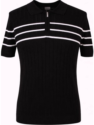 Trender 18204 Yarım Patlı Siyah - Beyaz Erkek Polo Yaka T-Shirt 26YGT3000007
