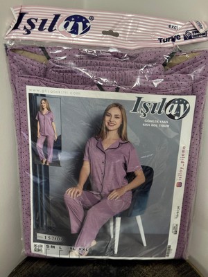 Işılay Mor Gömlek Yaka Kısa Kollu Kadın  Pijama Takımı