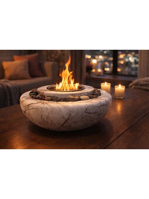 Handanca Dekoratif Masa Üstü Yuvarlak Ateş Çukuru Taş ŞÖMİNE-500 ml Yakıt Hediyeli