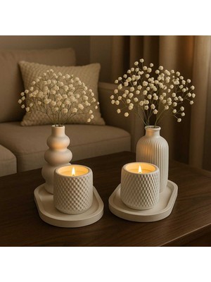 Handanca Çiçekli Seramik Vazo ve Mum Seti – 2’li Dekoratif Masa Süsü(Çicekler Dahil Değildir)