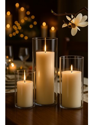 Handanca 3 'lü Cam Vazo Silindir Mumluk Seti, Dekoratif Üçlü Cam Mumluk Seti, Modern Cam Mumluk Takımı