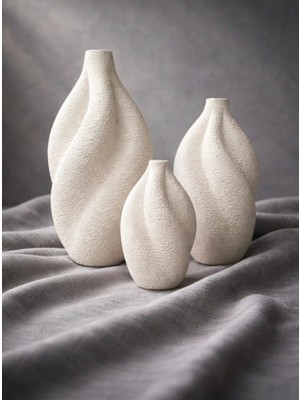 Handanca 3’lü Modern Dokulu Seramik Gorunumlu Vazo Seti 19-15-10 cm | Minimal Ev Dekorasyon Çiçeklik