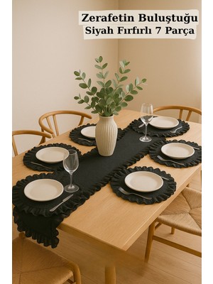 Handanca Siyah Fırfırlı Keten Runner & 6'lı Fıfırlı Supla Seti - 7 Parça Çeyiz Seti