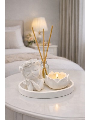 Handanca Yuvarlak Tepsili Oda Kokulu ve Lotus Mumlu Dekoratif Set, Hediyelik Set