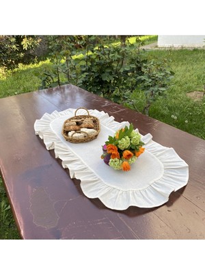 Handanca Home %100 Pamuklu Bej Ham Keten Fırfırlı Oval Runner 30X80 cm