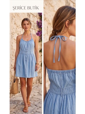 Şerice Kadın Mavi Denim Boyundan Bağlamalı Düğme Detaylı Mini Elbise ( Beden Ölçüleri Açıklama Kısmındadır. )