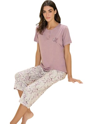 Over Sleep by Poleren Over Sleep 3371 Kadın Yazlık Viskon Büyük Beden Kapri Pijama Takım (Xl-2xl-3xl-4xl)
