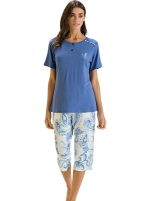 Over Sleep by Poleren Over Sleep 3367 Kadın Yazlık Viskon Büyük Beden Kapri Pijama Takım (L-Xl-2xl-3xl)
