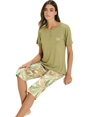Over Sleep by Poleren Over Sleep 3369 Kadın Yazlık Viskon Büyük Beden Kapri Pijama Takım (L-Xl-2xl-3xl)