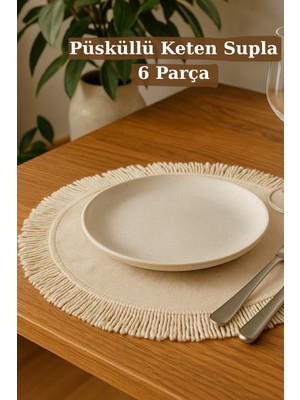 Handanca Püsküllü Keten Supla Keten Amerikan Servis 6 Adet