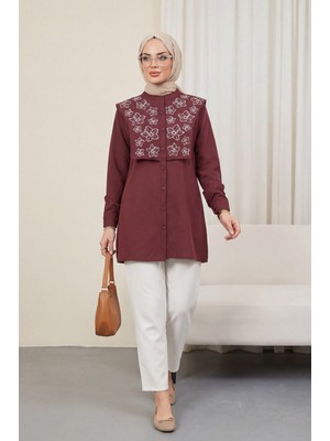 Moda Morfo Plastron Detaylı Nakışlı Poplin Gömlek -Bordo