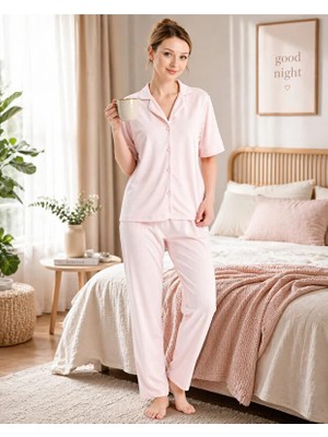 Espuar Yumuşak Dokulu Kumaş Gömlek Yaka Önden Düğmeli Kısa Kol Kadın Pijama Takım 770