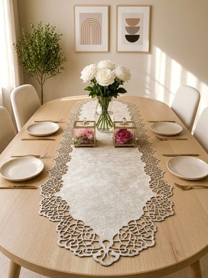 Handanca Bej (Koyu Krem) Süet Kumaş Runner 40X140 cm Masa Boyu - Modern Tasarım