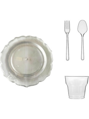 Omeyva 23 Cm. Plastik Mika Şeffaf Sorfa Piknik Seti - 12 Kişilik Tabak Bardak Çatal Kaşık Takımı