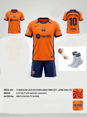 Yenteks Barcelona La'mine Ya'mal 25/26 Yeni Sezon Turuncu Çocuk Forma Takımı 4 Parça Çorap Bileklik Hediye