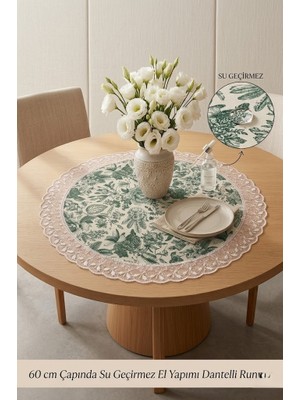 Rona Home Yeşil Çicekli Runner, Otantik Şık Dekoratif Orta Sehpa Masa Örtüsü