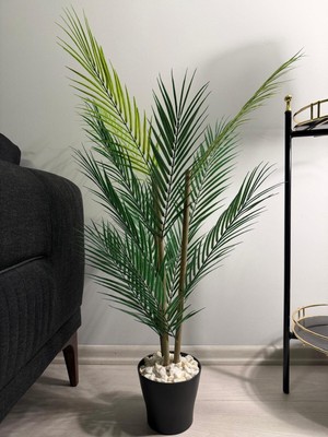 Handanca Dekoratif Yapay Yapraklı Areka Palmiye Ağacı Plastik Saksılı 3 Gövde 90CM